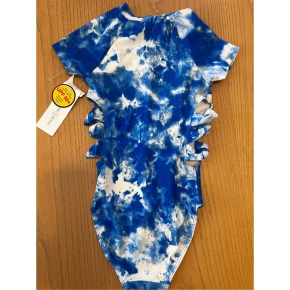 NWT Treasure & Bond Girls Cutout UPF 50+ One Piece Swimwear Blue White Size 7 - Picture 2 of 5